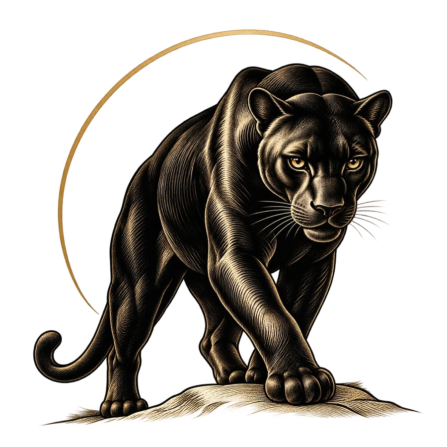 A black panther advancing across a rock beneath a gold crescent